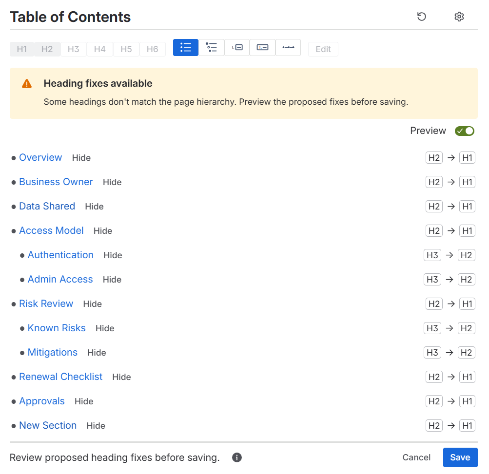 Autofix preview for Confluence heading changes