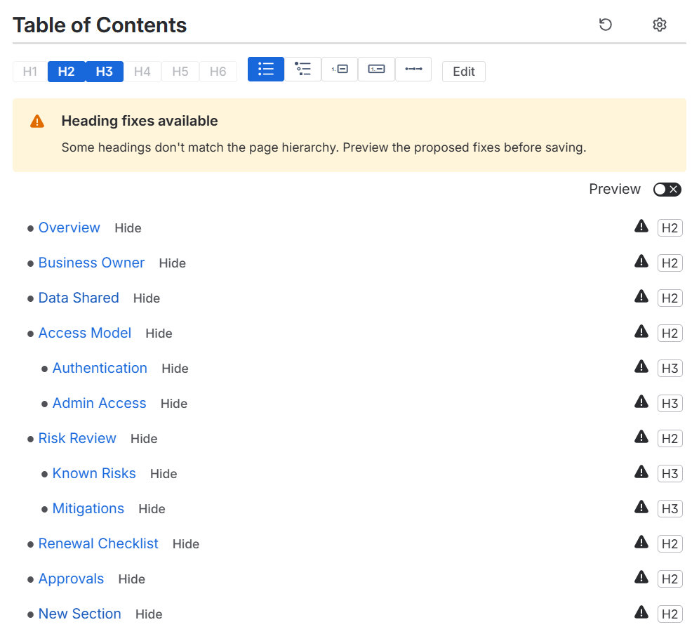Heading fixes available warning in Table of Contents Wizard