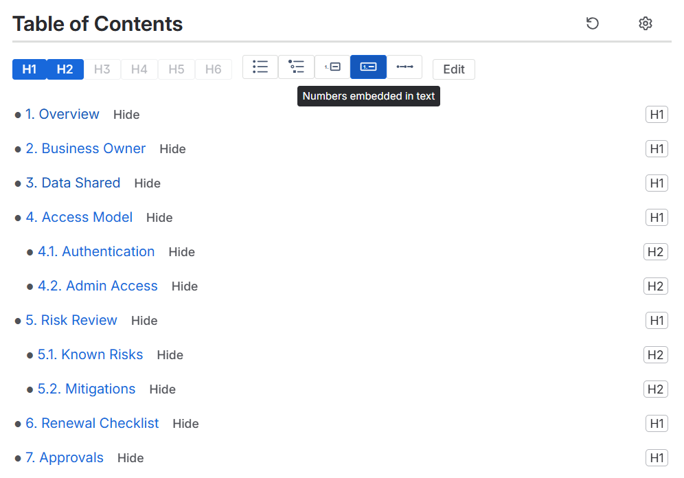 Table of Contents Wizard controls for depth, numbering, hide, and edit