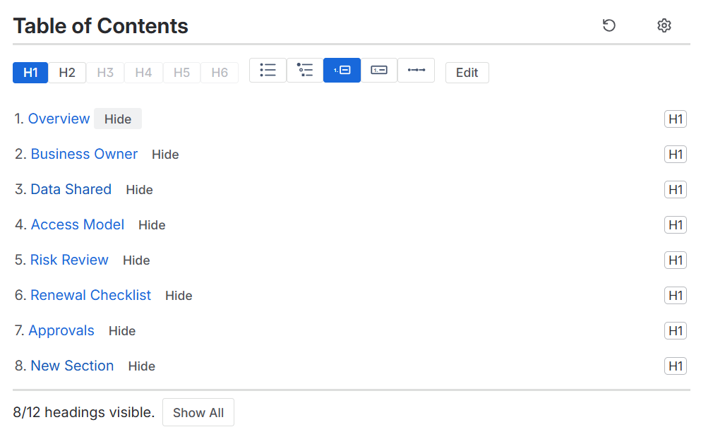 Hide controls beside headings in Table of Contents Wizard