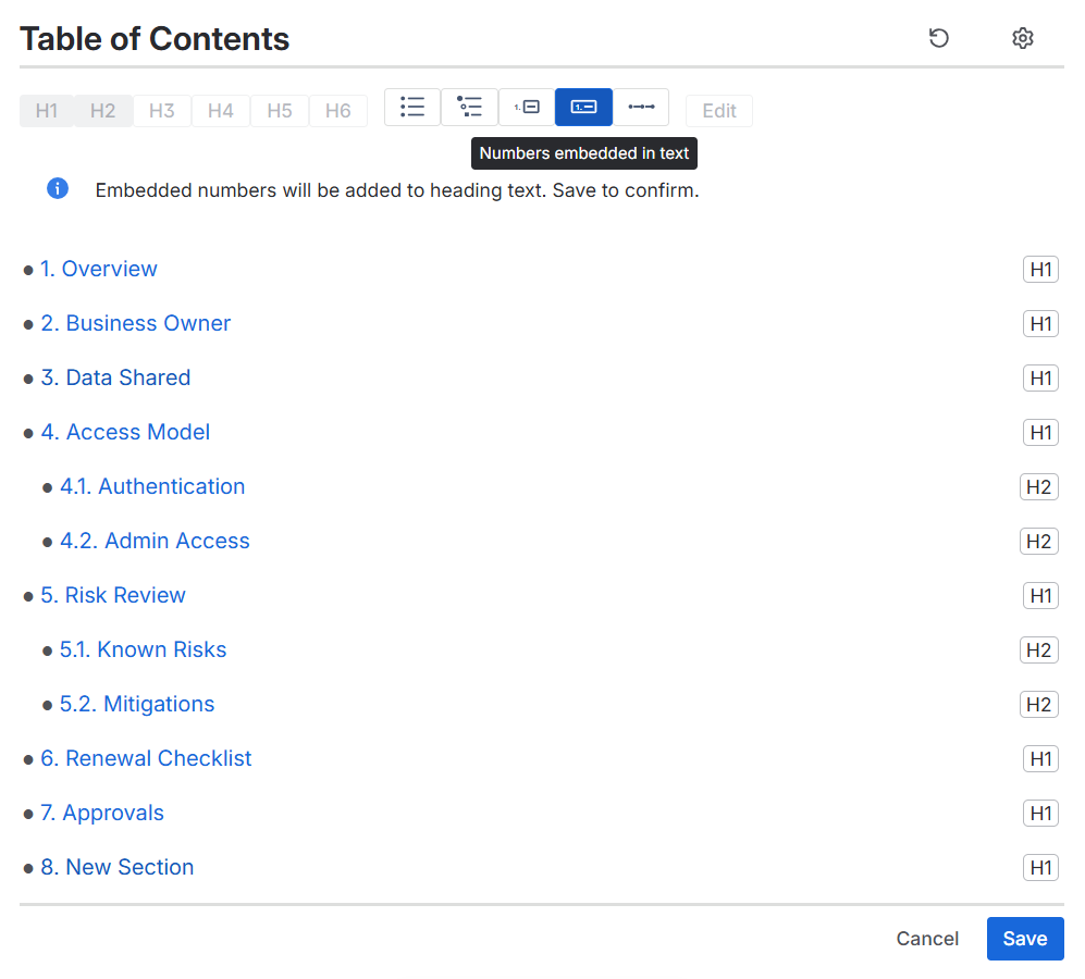 Preview before saving numbers into Confluence headings