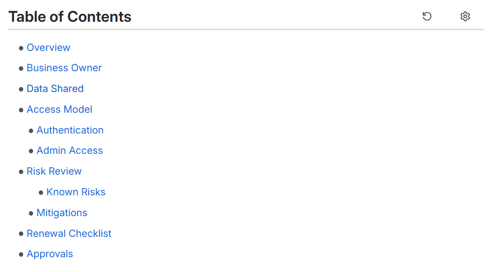 Bullet table of contents layout in Confluence view mode