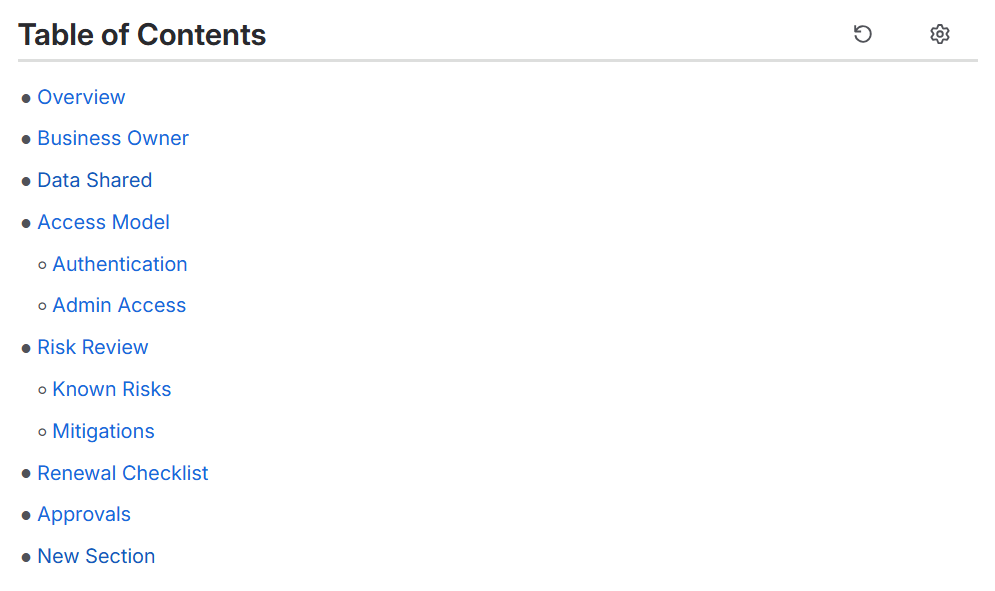 Styled nested table of contents layout without editing controls