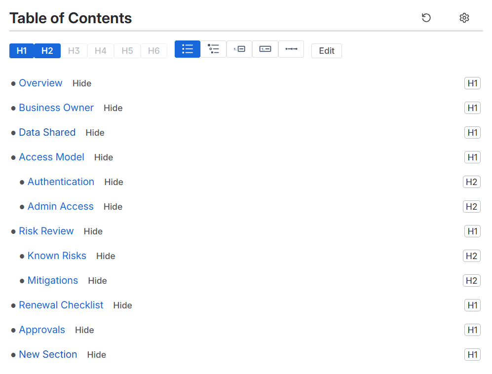 Table of Contents Wizard controls opened beside each heading
