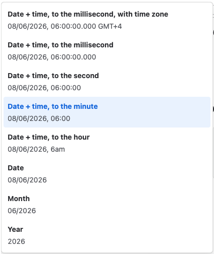 Timeline date and time detail options, with Date + time, to the minute selected