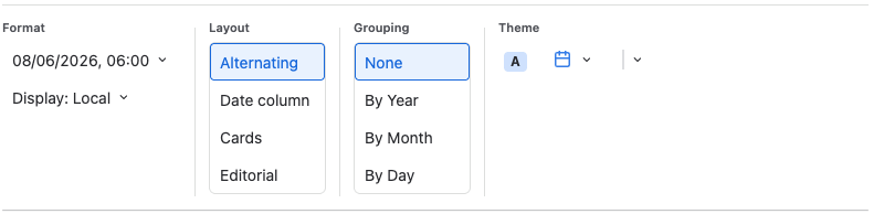 Timeline settings toolbar showing Format, Layout, Grouping, and Theme, with Alternating layout and None grouping selected