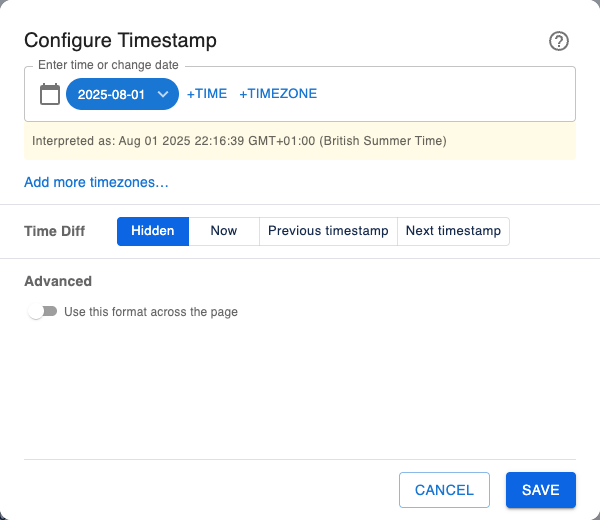 Page Created timestamp showing only a date, with shortcuts to add time and timezone