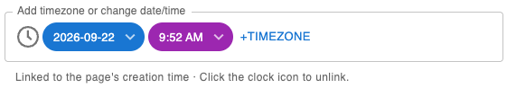 Page Created timestamp linked to the page, with a clock icon at the start of the field